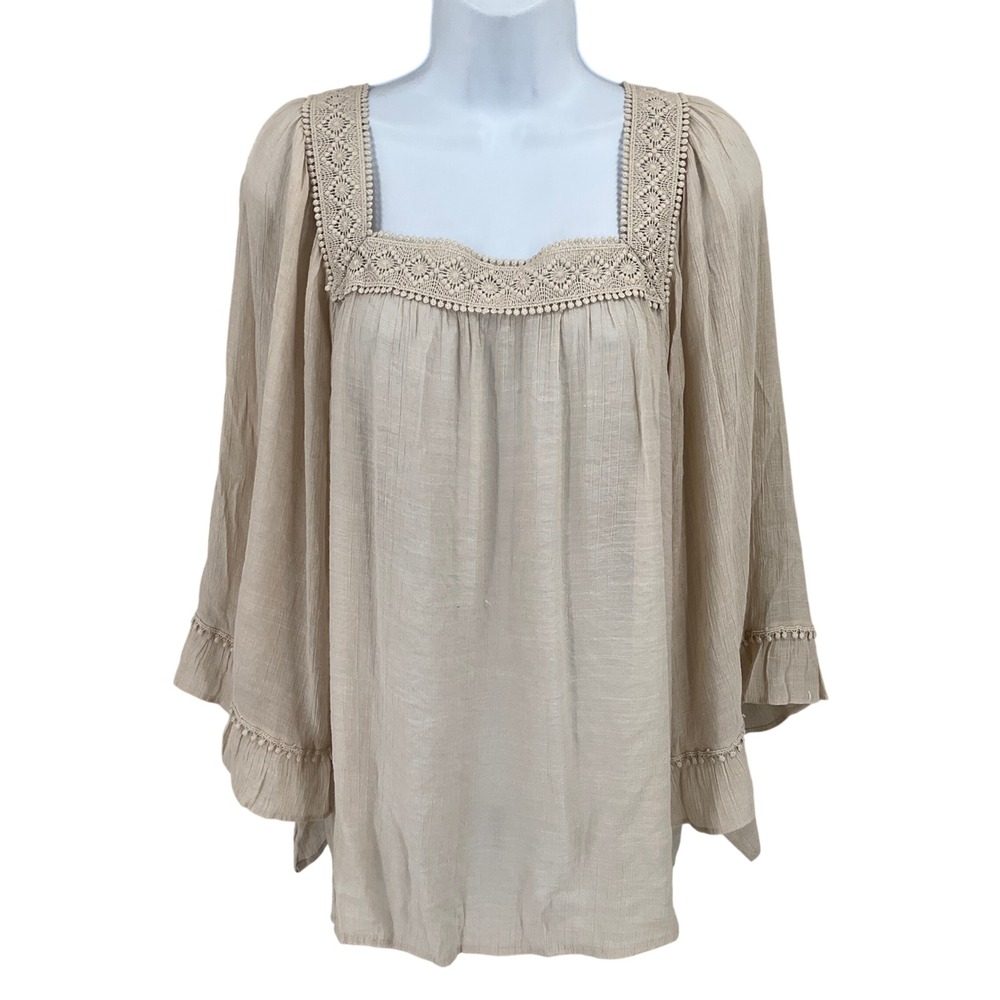Zac & Rachel Top Womens XL Beige Boho Crochet Lace Trim Peasant Ethereal Ary